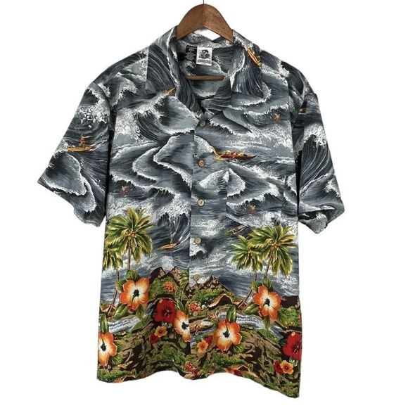 Kennington Ltd. Hawaiian Shirt Palm Trees Surfers Floral Tropical Bright Large - Picture 1 of 6